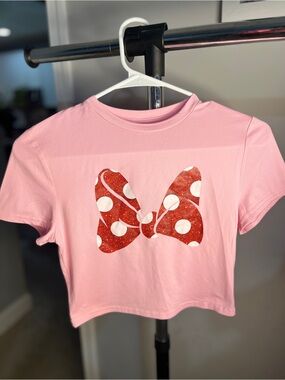 Pink Short Sleeve Tee with Red Polka Dot Bow Graphic Crop top